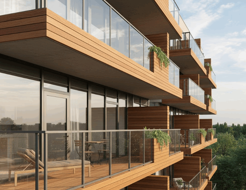 balcones de vidrio y madera