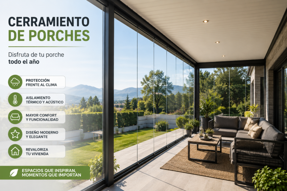 Cerramiento moderno de porche con cristal y estructura de aluminio.